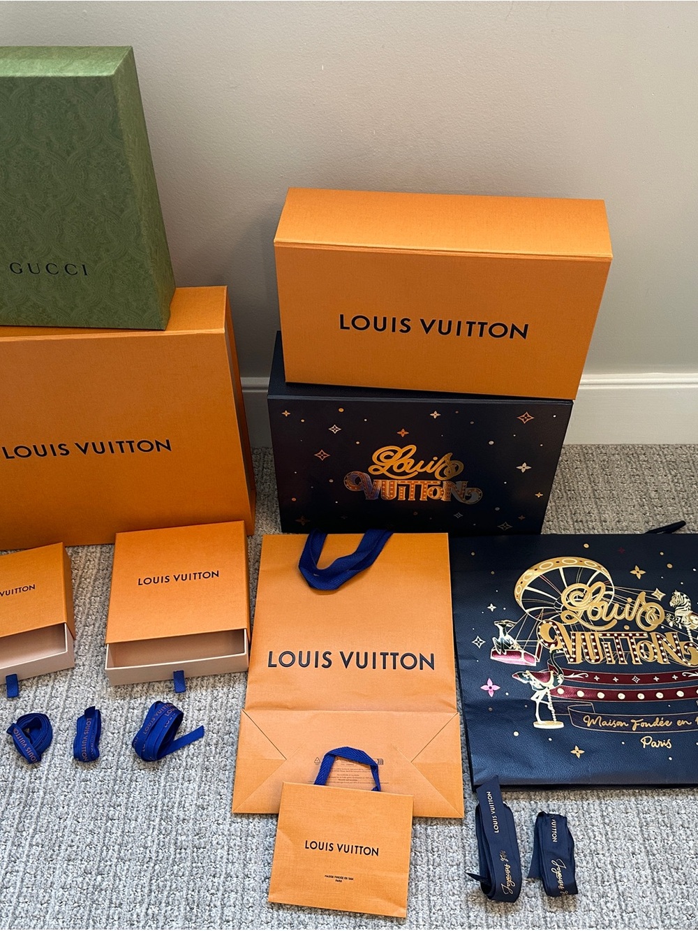 Lot of Authentic Empty Louis Vuitton Gift Box, bags, ribbons, drawer, Gucci box